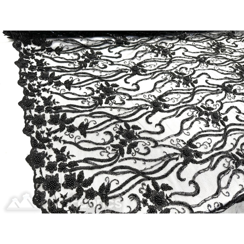 Black Floral Beaded Lace Fabric By The Yard Embroidered Fabric 4