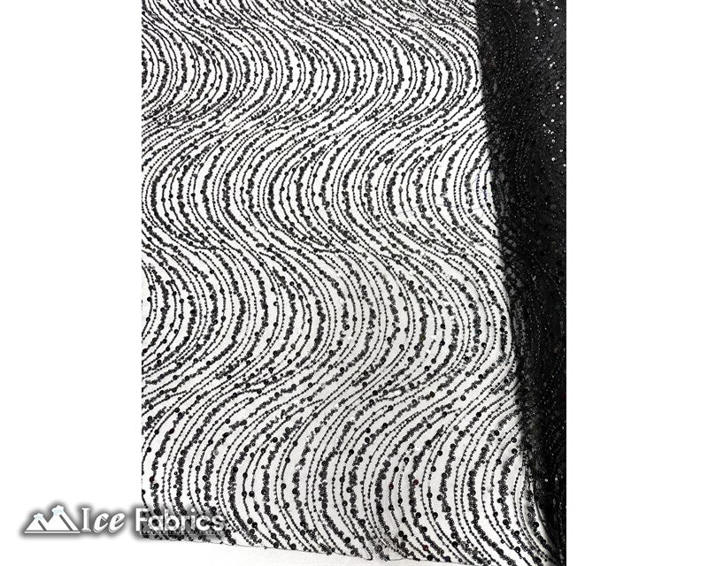 Black Wavy Beaded Embroidered Sequin Fabric on Mesh Fabric