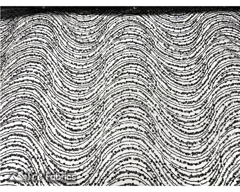 Black Wavy Beaded Embroidered Sequin Fabric on Mesh Fabric