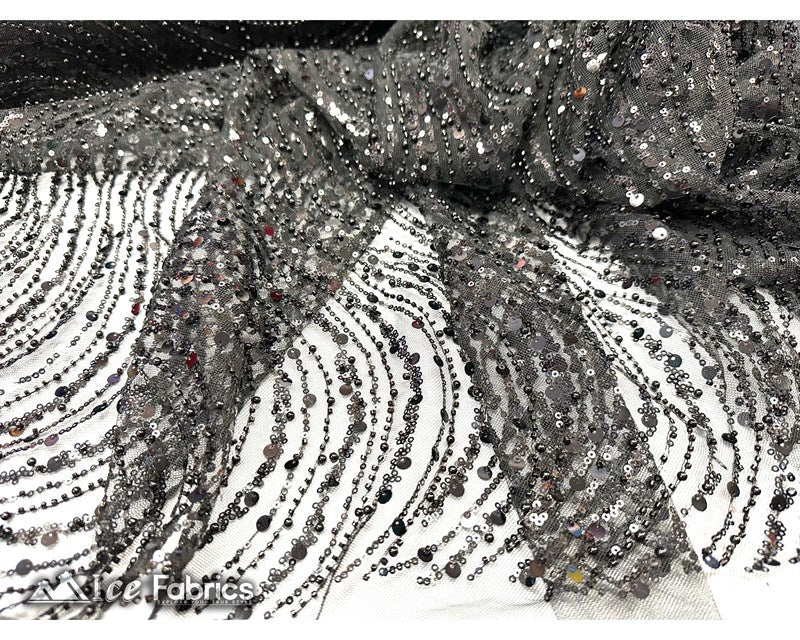 Black Wavy Beaded Embroidered Sequin Fabric on Mesh Fabric