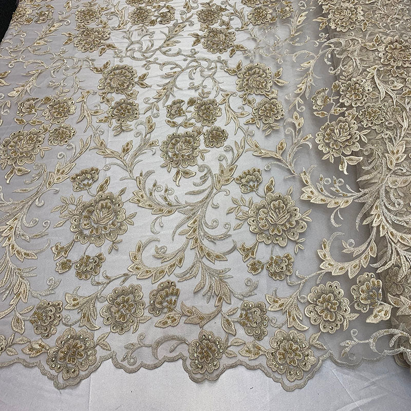 Hand Beaded Lace Fabric - Embroidery Floral Lace With Sequins And FlowersICE FABRICSICE FABRICSChampagneHand Beaded Lace Fabric - Embroidery Floral Lace With Sequins And Flowers ICE FABRICS Champagne