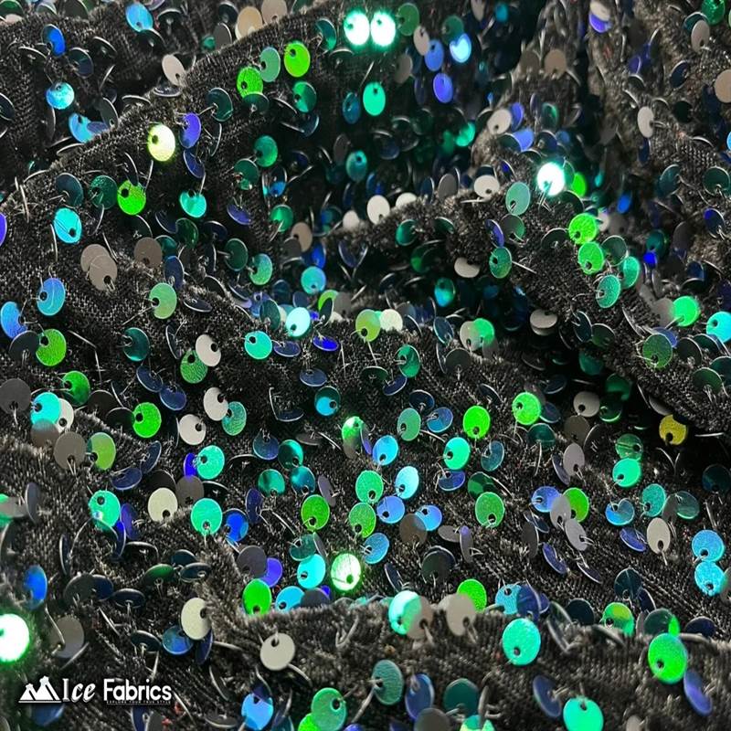 Emma Embroidery Sequins on Velvet Fabric | 2 Way Stretch ICE FABRICS Emerald Green on Black Velvet