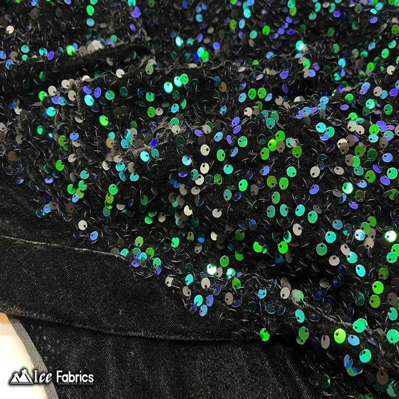 Emma Embroidery Sequins on Velvet Fabric | 2 Way Stretch ICE FABRICS Emerald Green on Black Velvet