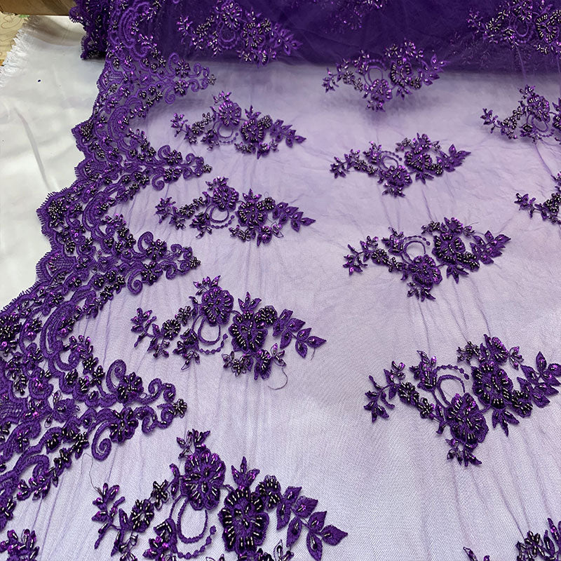 Floral Embroidered Bridal Wedding Beaded Mesh Lace FabricICEFABRICICE FABRICSPurpleFloral Embroidered Bridal Wedding Beaded Mesh Lace Fabric ICEFABRIC Purple