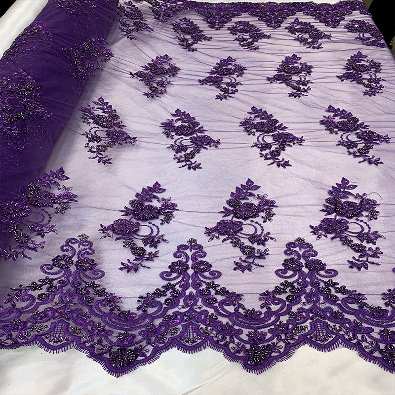 Floral Embroidered Bridal Wedding Beaded Mesh Lace FabricICEFABRICICE FABRICSPurpleFloral Embroidered Bridal Wedding Beaded Mesh Lace Fabric ICEFABRIC Purple