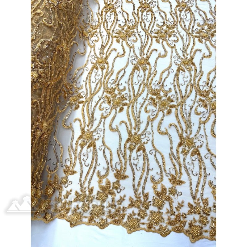 Gold Floral Beaded Lace Fabric By The Yard Embroidered Fabric 3
