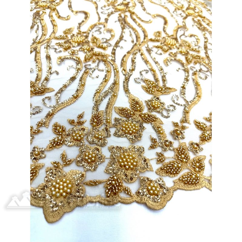Gold Floral Beaded Lace Fabric By The Yard Embroidered Fabric