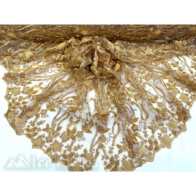 Gold Floral Beaded Lace Fabric By The Yard Embroidered Fabric 3