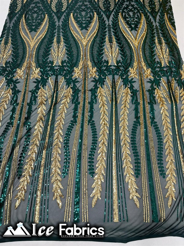 Lucy Damask Sequin Fabric on Spandex Mesh Green Gold