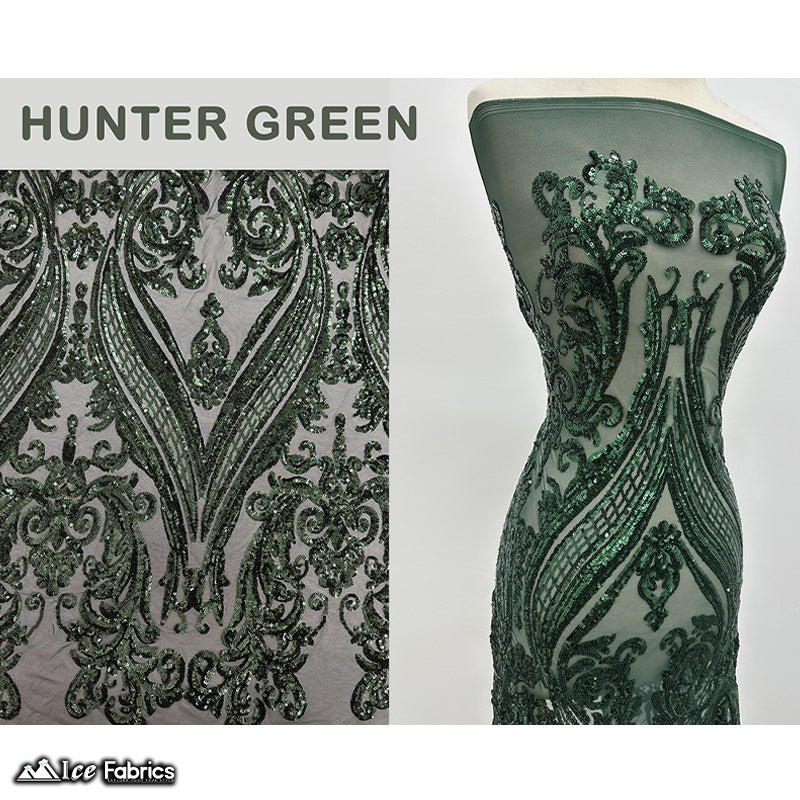 Damask Sequin Fabric | 4 Way Stretch Spandex Mesh Lace Fabric | (EGP)ICE FABRICSICE FABRICSEGP Hunter GreenHunter Green on GreenDamask Sequin Fabric | 4 Way Stretch Spandex Mesh Lace Fabric | (EGP) ICE FABRICS Hunter Green on Green