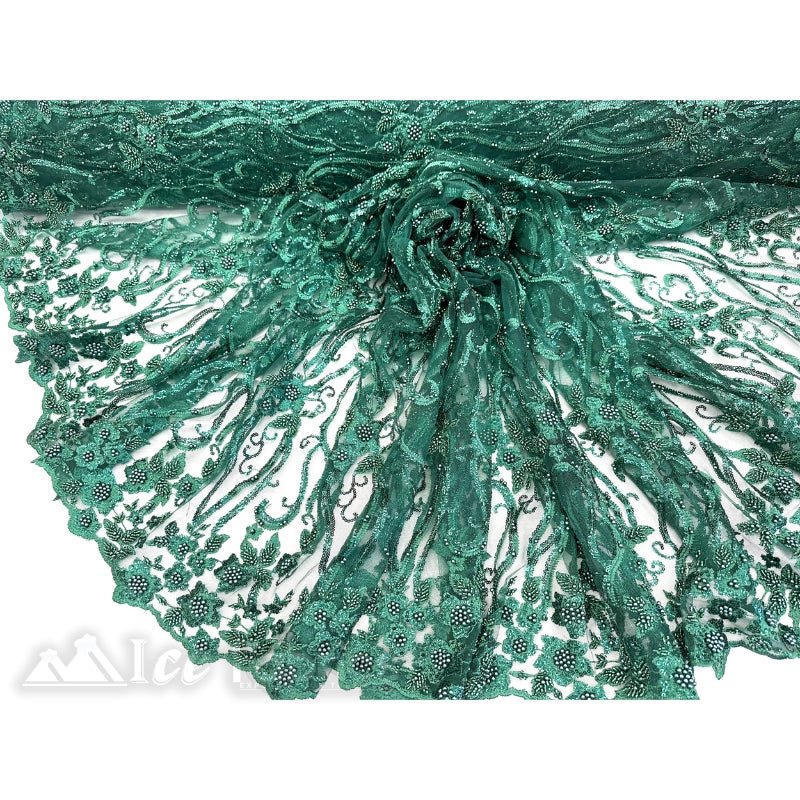 Hunter Green Floral Beaded Lace Fabric By The Yard Embroidered Fabric 3