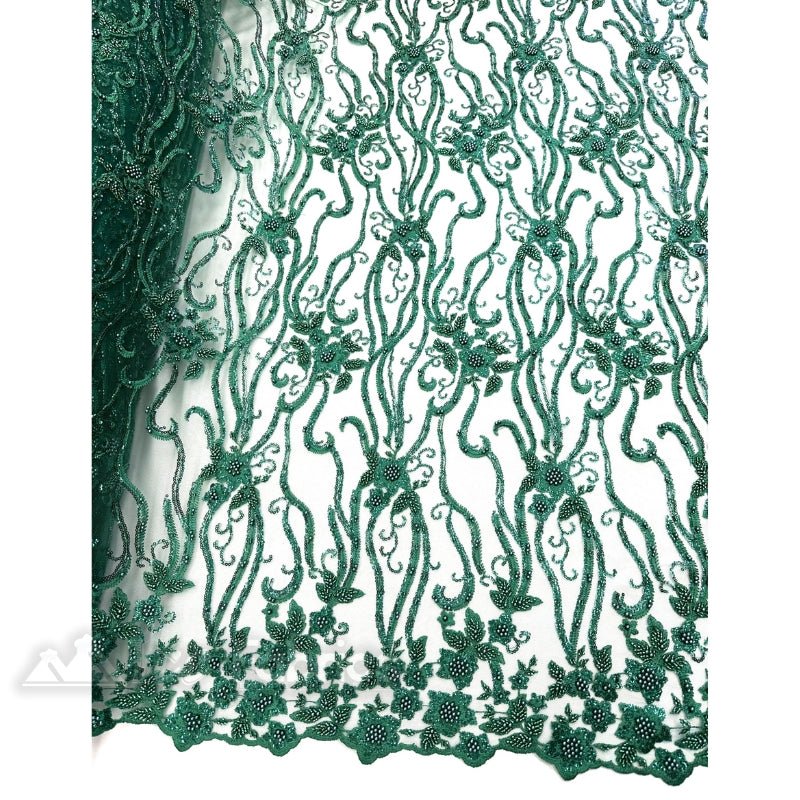 Hunter Green Floral Beaded Lace Fabric By The Yard Embroidered Fabric 3