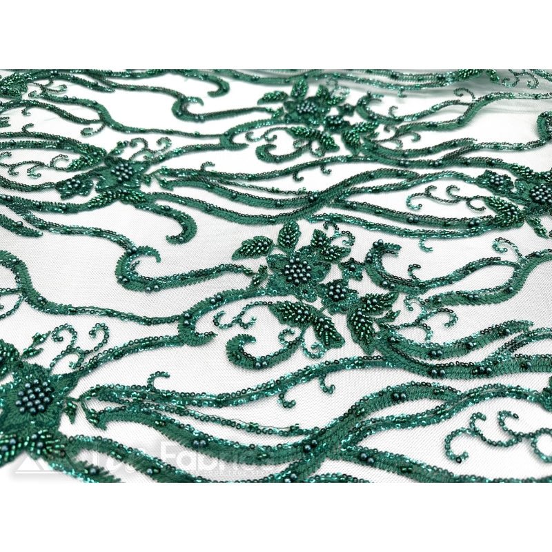 Hunter Green Floral Beaded Lace Fabric By The Yard Embroidered Fabric 5