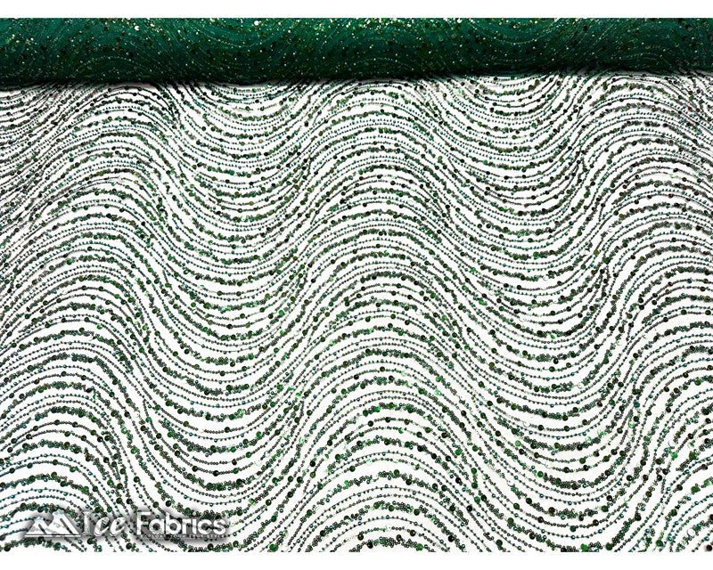Hunter Green Wavy Beaded Embroidered Sequin Fabric on Mesh Fabric