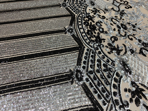 Elegant New Casino Design Embroidered 4 Way Nude Mesh Spandex Stretchy Sequin FabricICEFABRICICE FABRICSSilver&BlackElegant New Casino Design Embroidered 4 Way Nude Mesh Spandex Stretchy Sequin Fabric ICEFABRIC Silver&Black