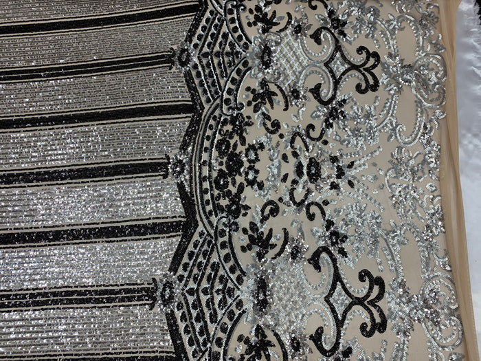 Elegant New Casino Design Embroidered 4 Way Nude Mesh Spandex Stretchy Sequin FabricICEFABRICICE FABRICSBlack&GoldElegant New Casino Design Embroidered 4 Way Nude Mesh Spandex Stretchy Sequin Fabric ICEFABRIC Silver&Black