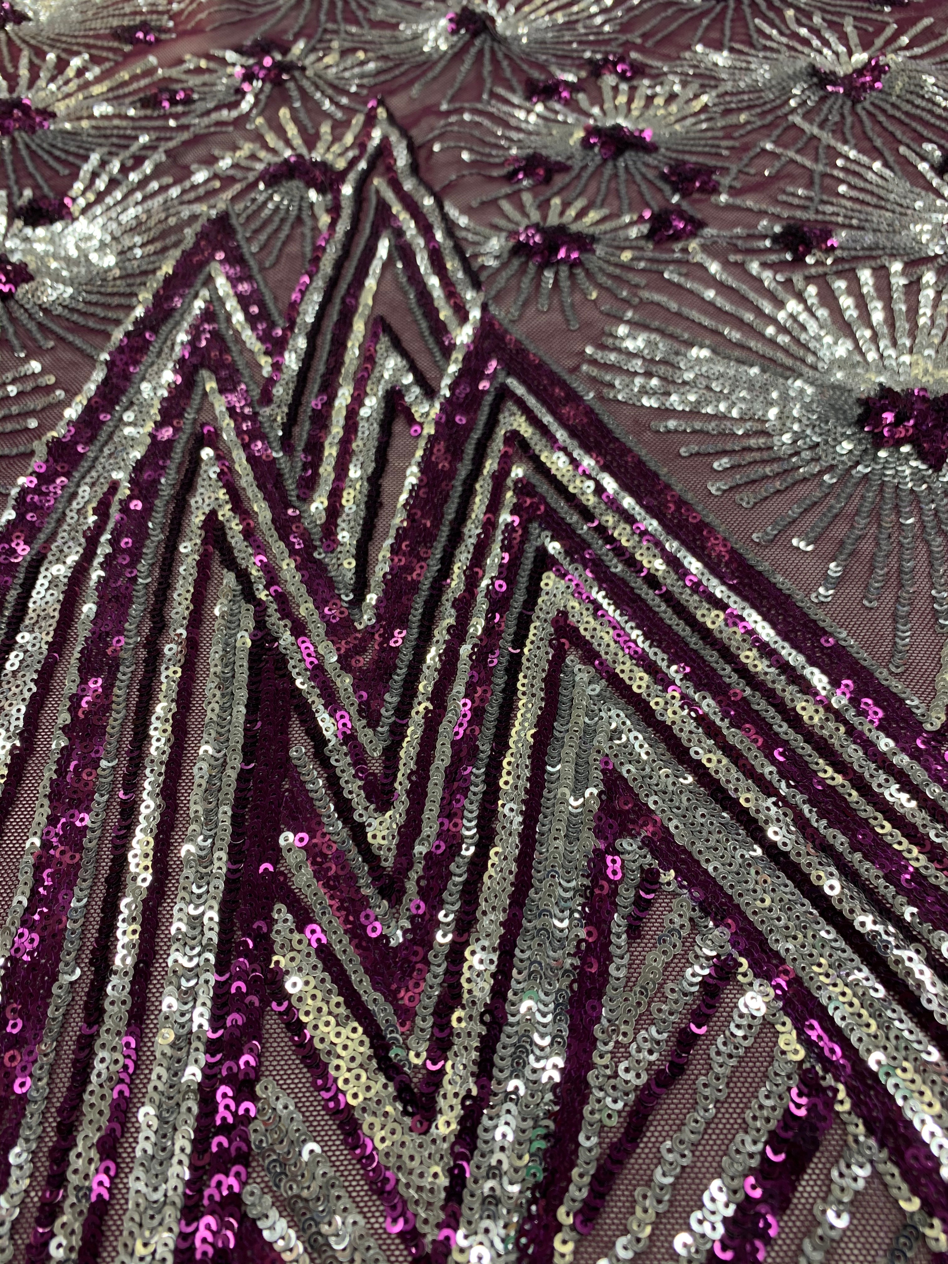 4 Way Stretch Iridescent Geometric Sequin Embroidered Mesh Lace FabricICEFABRICICE FABRICSPlum IridescentBy The Yard (58" Wide)4 Way Stretch Iridescent Geometric Sequin Embroidered Mesh Lace Fabric ICEFABRIC |Plum Iridescent