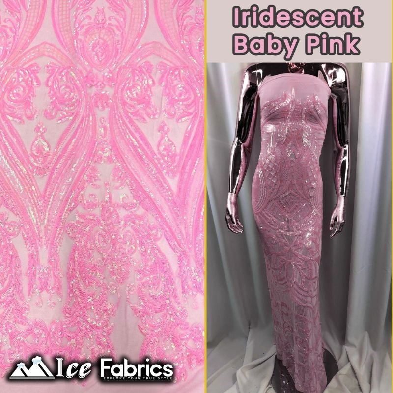 Damask Sequin Fabric | 4 Way Stretch Spandex Mesh Lace Fabric | (EGP)ICE FABRICSICE FABRICSIridescent Baby PinkDamask Sequin Fabric | 4 Way Stretch Spandex Mesh Lace Fabric | (EGP) ICE FABRICS Iridescent Baby Pink