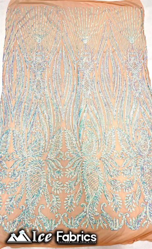 Loyalty Sequin Fabric Embroidery Lace on 4 Way Stretch MeshICE FABRICSICE FABRICSBy The Yard (56" Wide)Iridescent Blue on NudeLoyalty Sequin Fabric Embroidery Lace on 4 Way Stretch Mesh ICE FABRICS Iridescent Blue on Nude