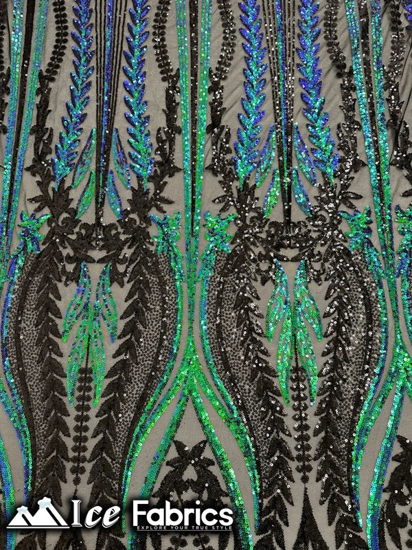 Lucy Damask Sequin Fabric on Spandex Mesh Green Black