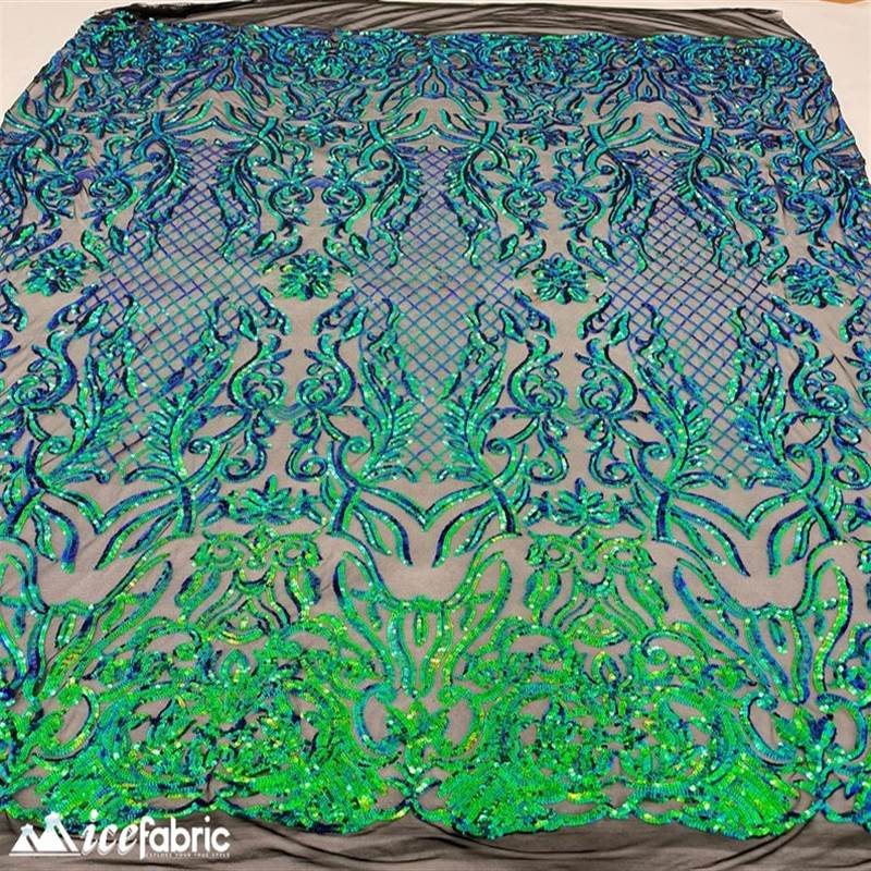 Mia Stretch Sequin Fabric |58” Wide| Embroidery Lace Mesh ICE FABRICS Iridescent Green
