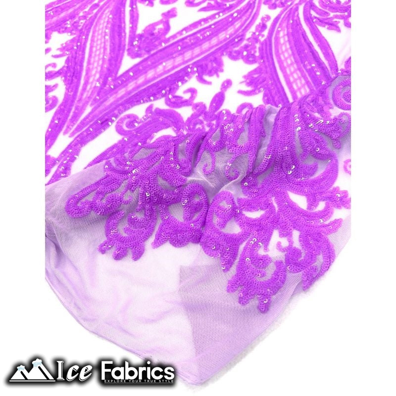 Damask Sequin Fabric | 4 Way Stretch Spandex Mesh Lace Fabric | (EGP)ICE FABRICSICE FABRICSIridescent Lavender on Lavender MeshDamask Sequin Fabric | 4 Way Stretch Spandex Mesh Lace Fabric | (EGP) ICE FABRICS Iridescent Lavender on Lavender Mesh