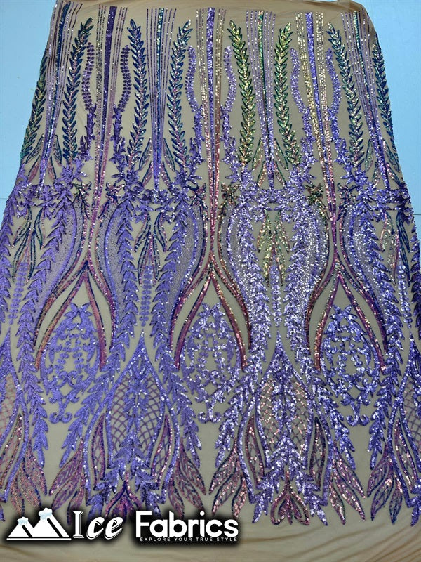 Lucy Damask Sequin Fabric on Spandex Mesh Lavender