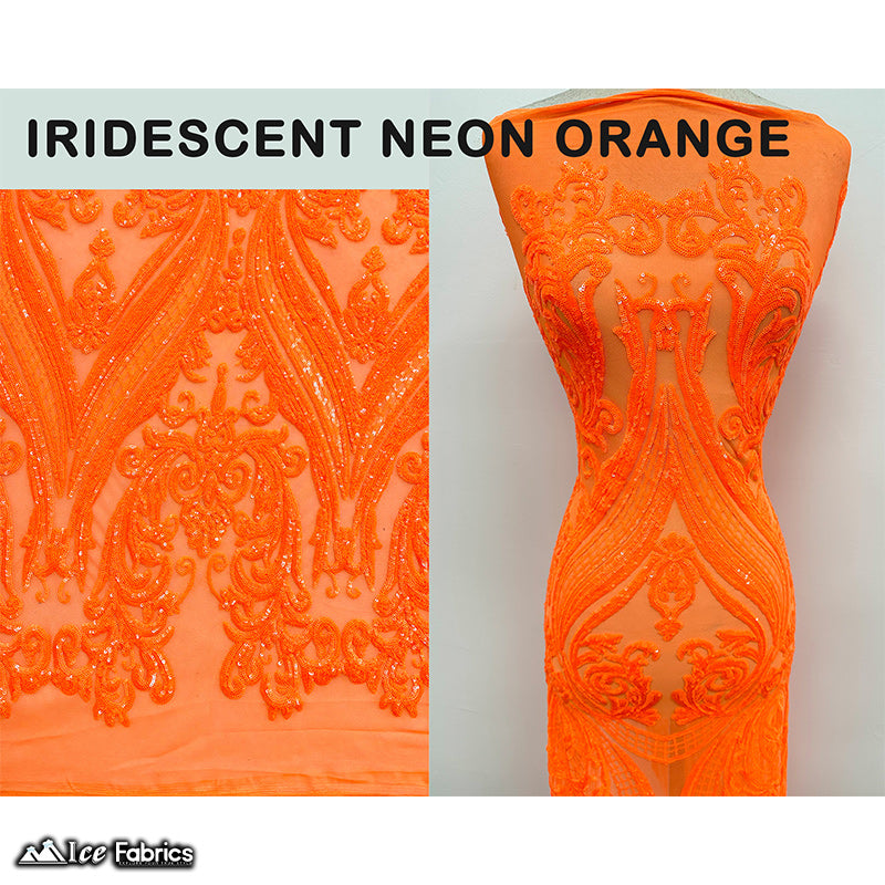 Damask Sequin Fabric | 4 Way Stretch Spandex Mesh Lace Fabric | (EGP)ICE FABRICSICE FABRICSEGP Iridescent Neon OrangeIridescent Neon Orange on Orange MeshDamask Sequin Fabric | 4 Way Stretch Spandex Mesh Lace Fabric | (EGP) ICE FABRICS Iridescent Neon Orange on Orange Mesh