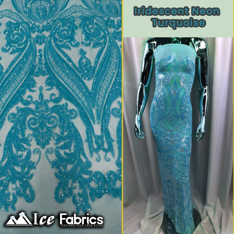 Damask Sequin Fabric | 4 Way Stretch Spandex Mesh Lace Fabric | (EGP)ICE FABRICSICE FABRICSIridescent Neon TurquoiseDamask Sequin Fabric | 4 Way Stretch Spandex Mesh Lace Fabric | (EGP) ICE FABRICS Iridescent Neon Turquoise