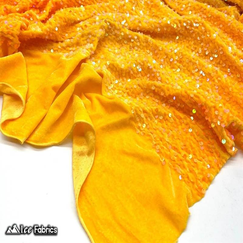Emma Embroidery Sequins on Velvet Fabric | 2 Way Stretch ICE FABRICS Iridescent Orange