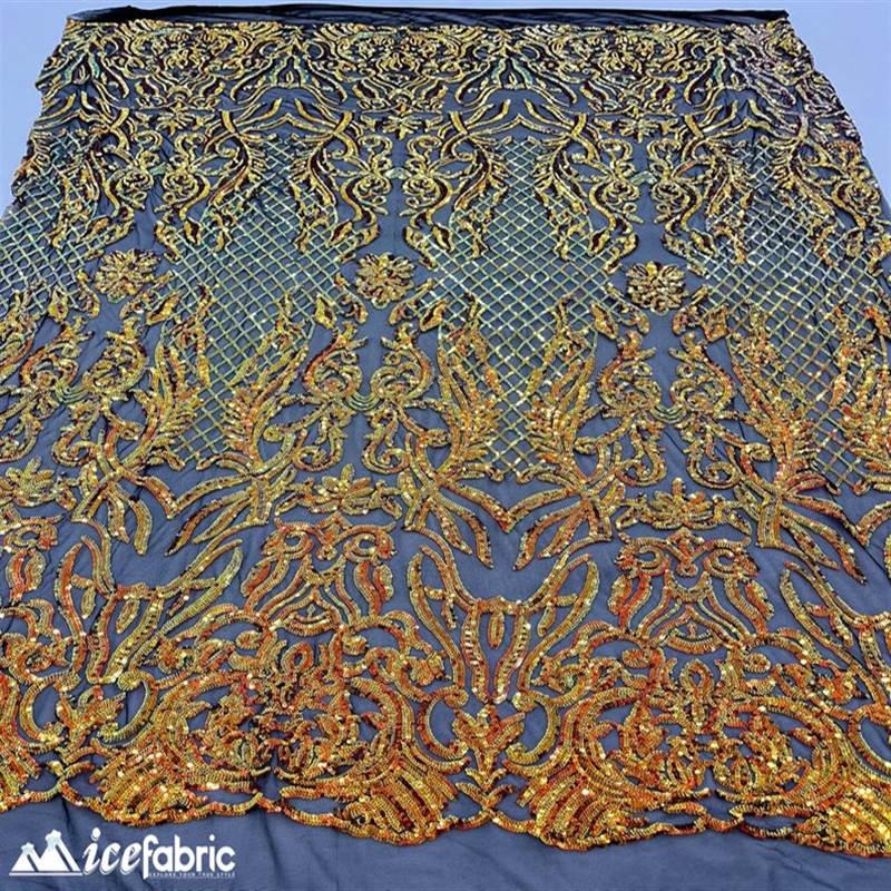 Mia Stretch Sequin Fabric |58” Wide| Embroidery Lace Mesh ICE FABRICS  Iridescent Orange