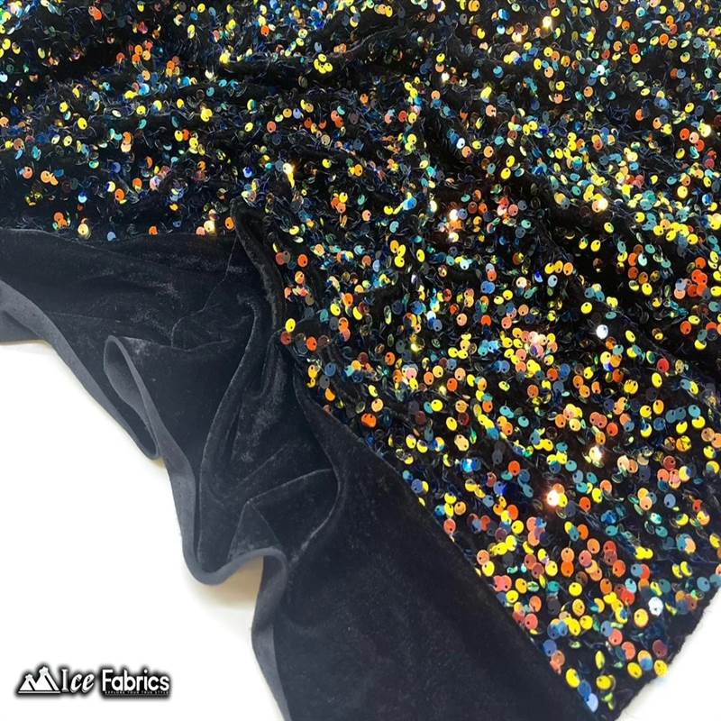 Emma Embroidery Sequins on Velvet Fabric | 2 Way Stretch ICE FABRICS Iridescent Purple Orange on Black Velvet