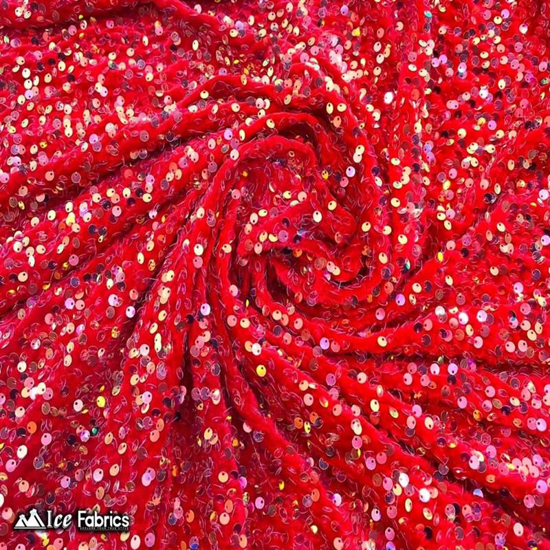 Emma Embroidery Sequins on Velvet Fabric | 2 Way Stretch ICE FABRICS Iridescent Red