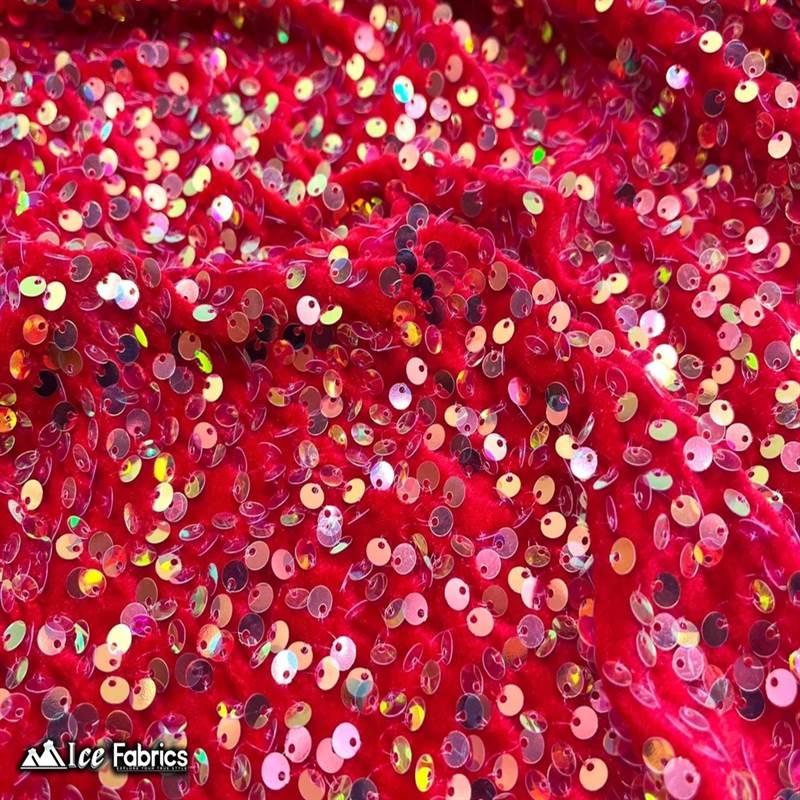 Emma Embroidery Sequins on Velvet Fabric | 2 Way Stretch ICE FABRICS Iridescent Red
