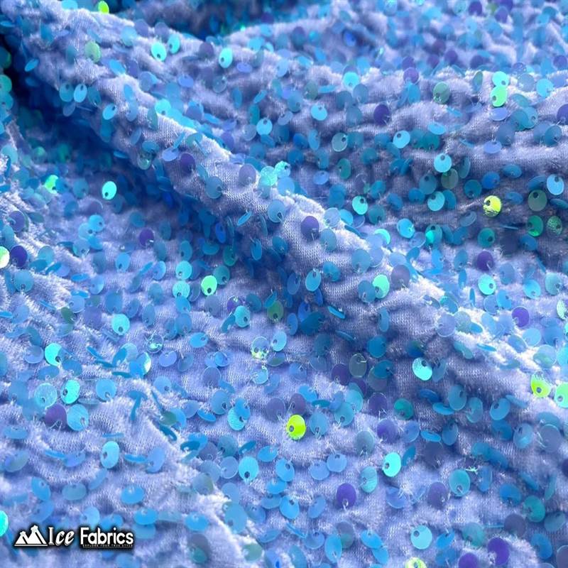 Emma Embroidery Sequins on Velvet Fabric | 2 Way Stretch ICE FABRICS Iridescent Sky Blue
