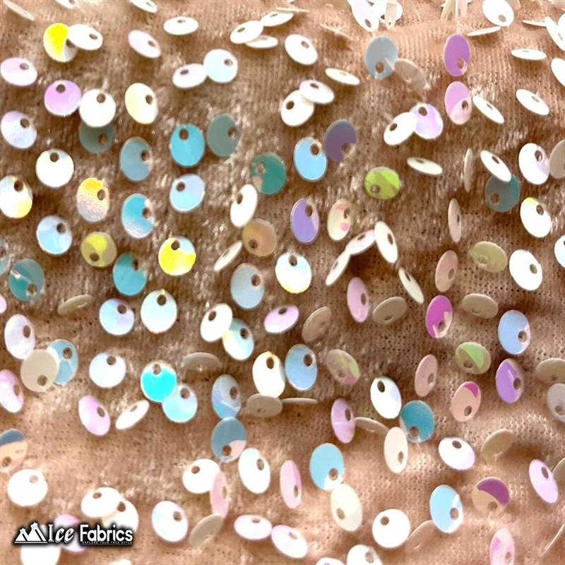 Emma Embroidery Sequins on Velvet Fabric | 2 Way Stretch ICE FABRICS Iridescent White on Nude