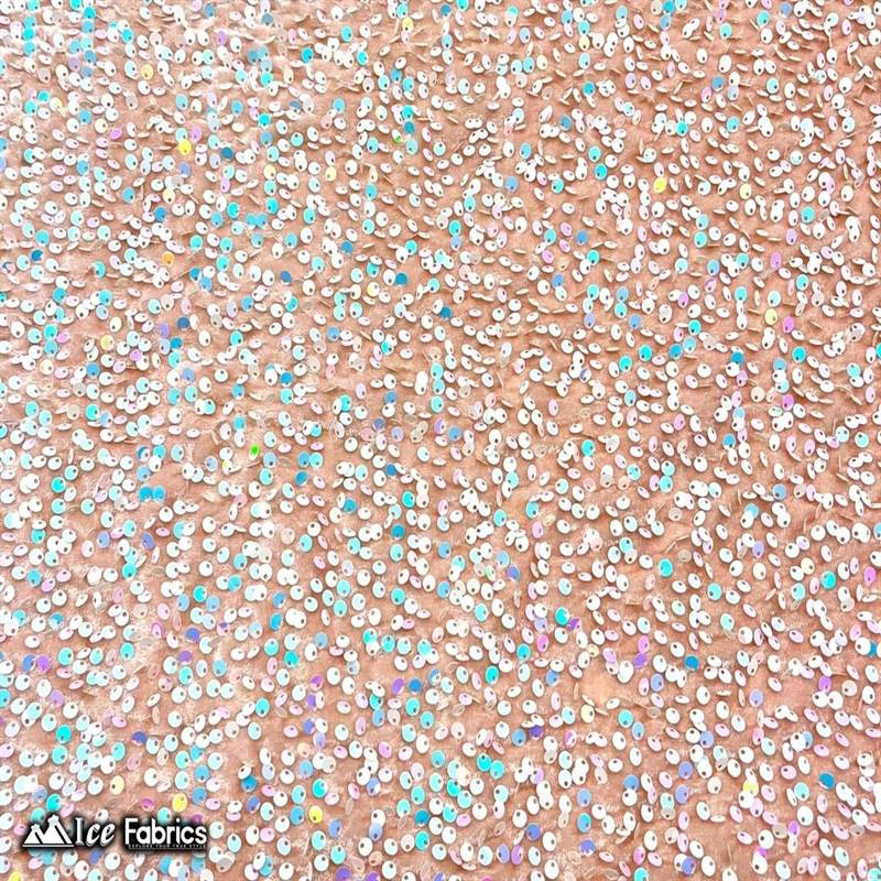 Emma Embroidery Sequins on Velvet Fabric | 2 Way Stretch ICE FABRICS Iridescent White on Nude