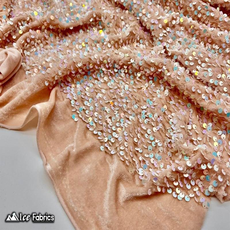 Emma Embroidery Sequins on Velvet Fabric | 2 Way Stretch ICE FABRICS Iridescent White on Nude
