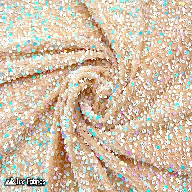Emma Embroidery Sequins on Velvet Fabric | 2 Way Stretch ICE FABRICS Iridescent White on Nude