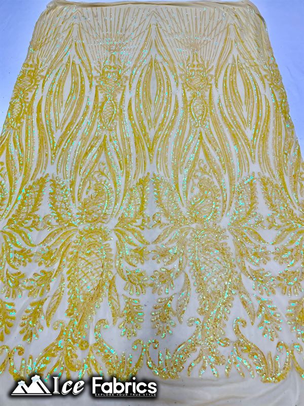 Loyalty Sequin Fabric Embroidery Lace on 4 Way Stretch MeshICE FABRICSICE FABRICSBy The Yard (56" Wide)Iridescent YellowLoyalty Sequin Fabric Embroidery Lace on 4 Way Stretch Mesh ICE FABRICS Iridescent Yellow