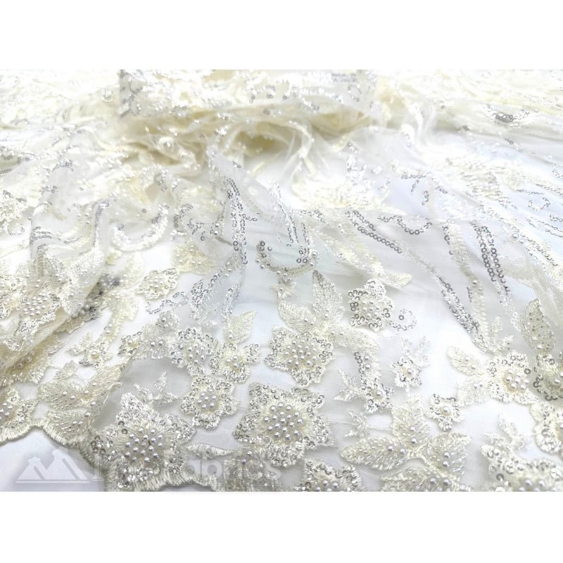 Ivory Floral Beaded Lace Fabric By The Yard Embroidered Fabric