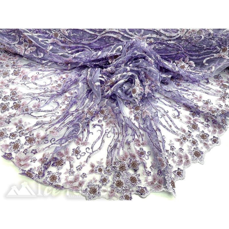 Lavender Floral Beaded Lace Fabric By The Yard Embroidered Fabric 1