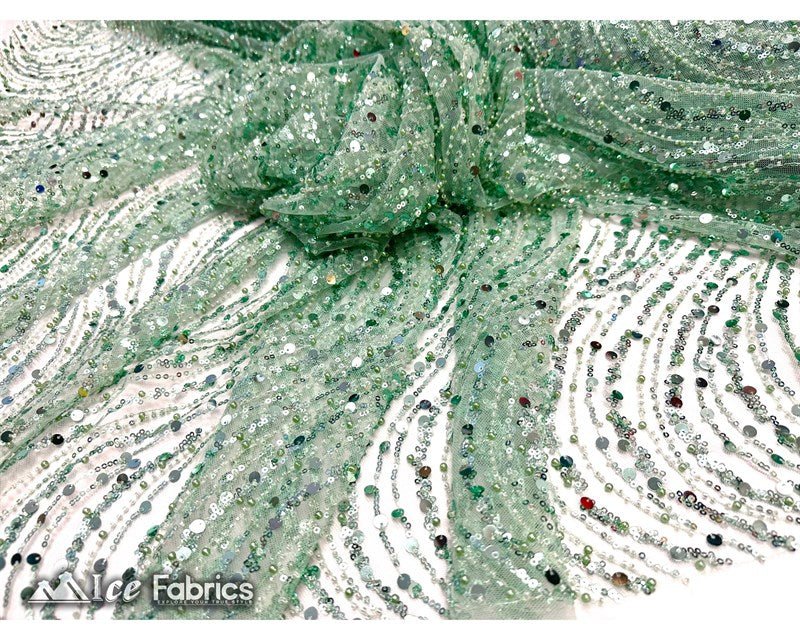 Mint Green Wavy Beaded Embroidered Sequin Fabric on Mesh Fabric