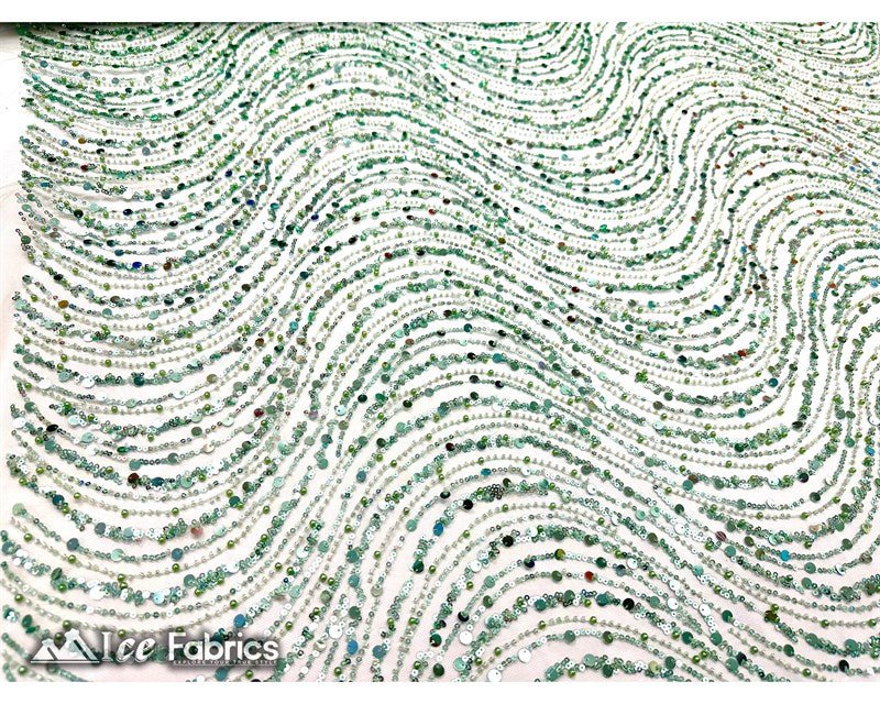 Mint Green Wavy Beaded Embroidered Sequin Fabric on Mesh Fabric