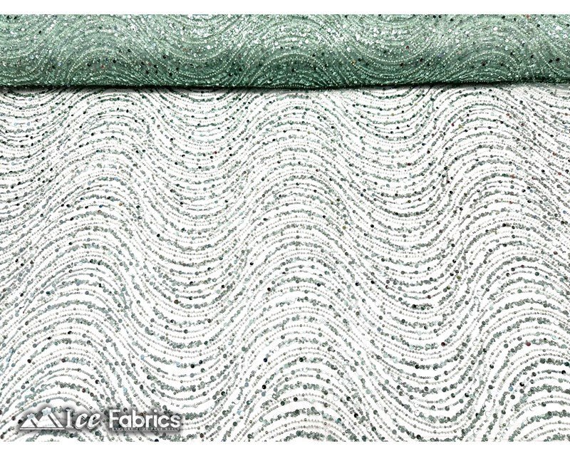 Mint Wavy Beaded Embroidered Sequin Fabric on Mesh Fabric