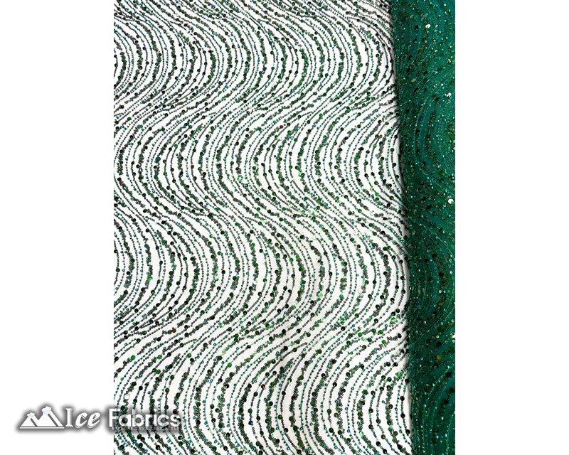 Mint Wavy Beaded Embroidered Sequin Fabric on Mesh Fabric