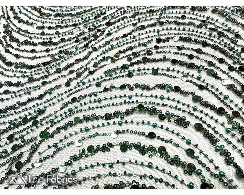 Mint Wavy Beaded Embroidered Sequin Fabric on Mesh Fabric