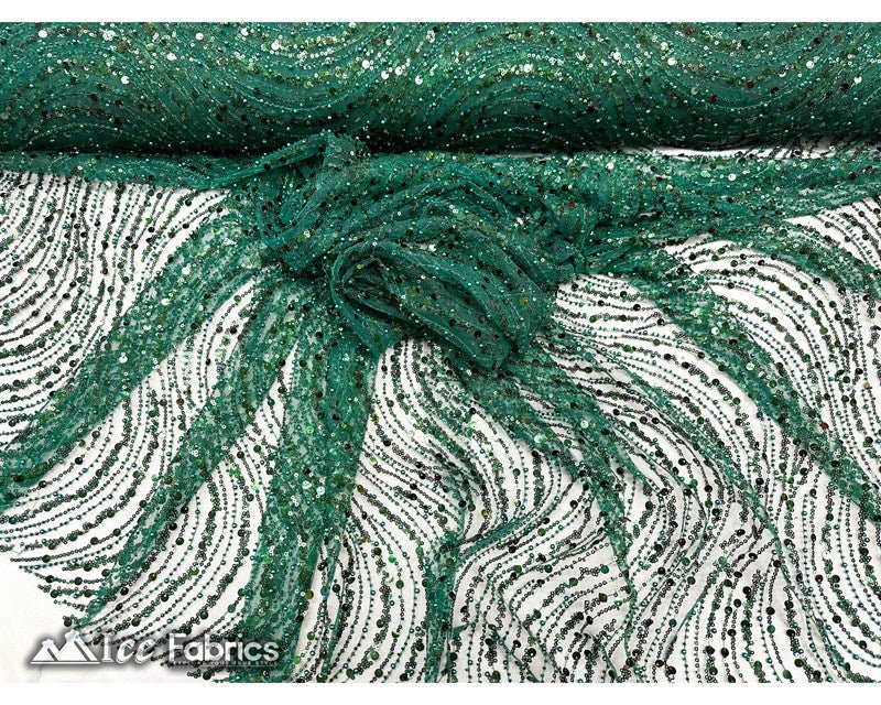 Mint Wavy Beaded Embroidered Sequin Fabric on Mesh Fabric
