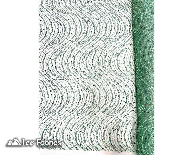 Mint Wavy Beaded Embroidered Sequin Fabric on Mesh Fabric