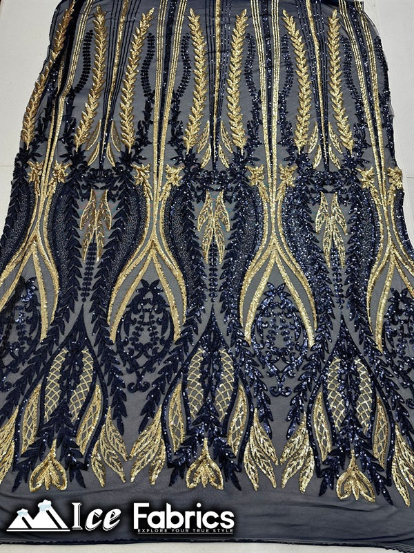 Lucy Damask Sequin Fabric on Spandex Mesh Green Gold Navy Gold